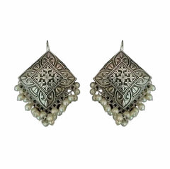 Women's Silver Plated Oxidised Pearl Tasseled Rhombus Shaped Dangle Earring