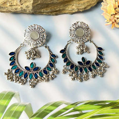 Women's Silver Plated Oxidised Mirror Embossed Blue Leaf Earring