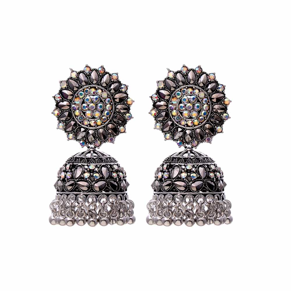 Women's Silver Plated Oxidised Zirconia Inlaid Jhumka Tassel Beads Earring