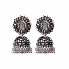 Women's Silver Plated Oxidised Zirconia Inlaid Jhumka Tassel Beads Earring