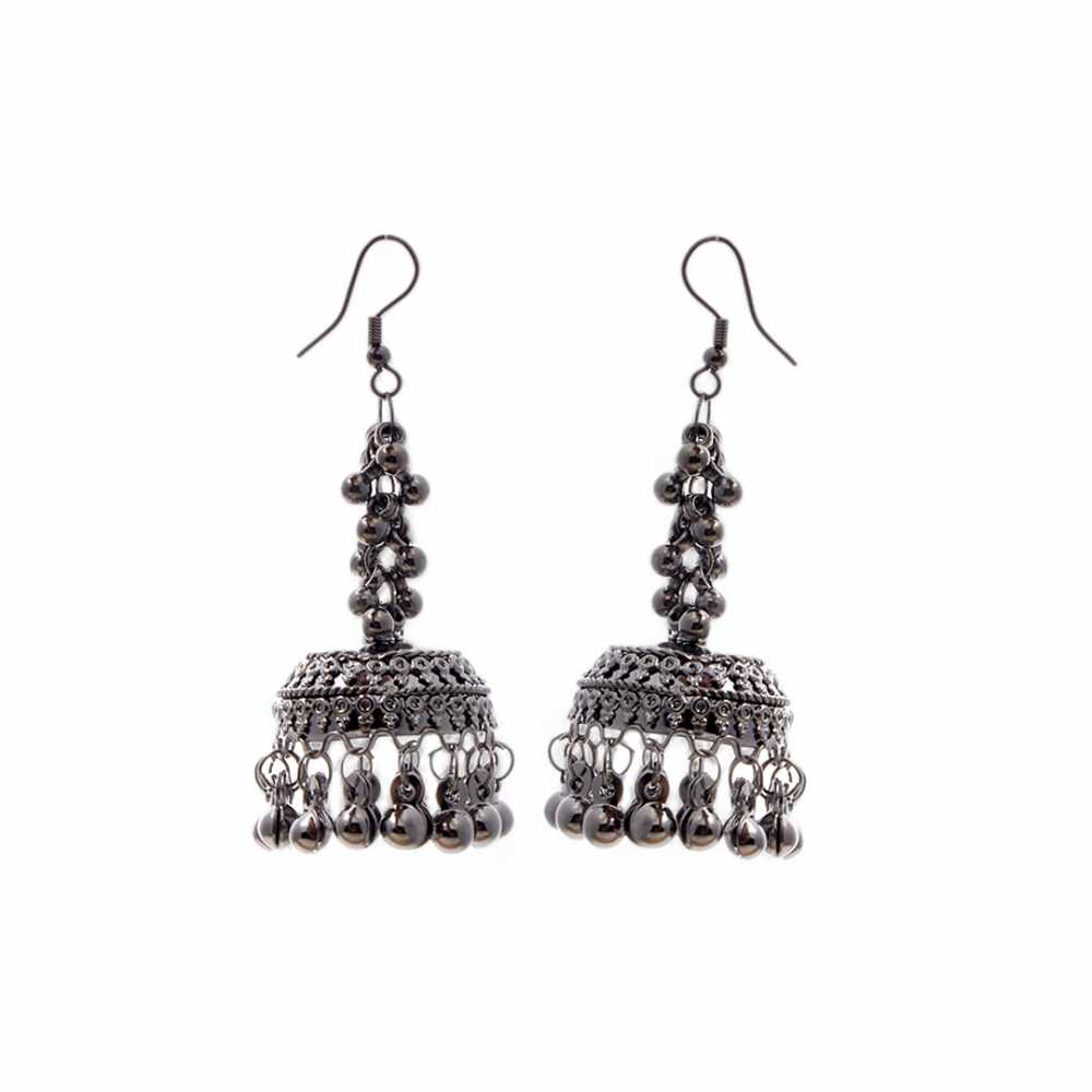 Women's Silver Plated Oxidised Beaded Jhumka Earring With Fish Hook