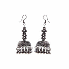 Women's Silver Plated Oxidised Beaded Jhumka Earring With Fish Hook
