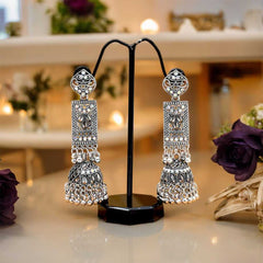 Women's Silver Plated Oxidised Pearl Tasseled Jhumka Earring