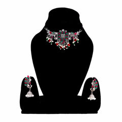 Women's Silver Oxidized Multicolor Choker Necklace With Earrings