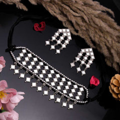 Women's Silver Plated Oxidised Mirror Embossed Choker Jewellery Set