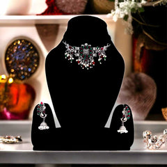 Women's Silver Oxidized Multicolor Choker Necklace With Earrings