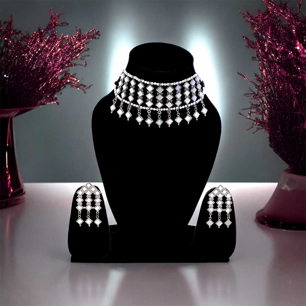 Women's Silver Plated Oxidised Mirror Embossed Choker Jewellery Set