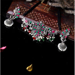 Women's Silver Oxidized Multicolor Choker Necklace With Earrings