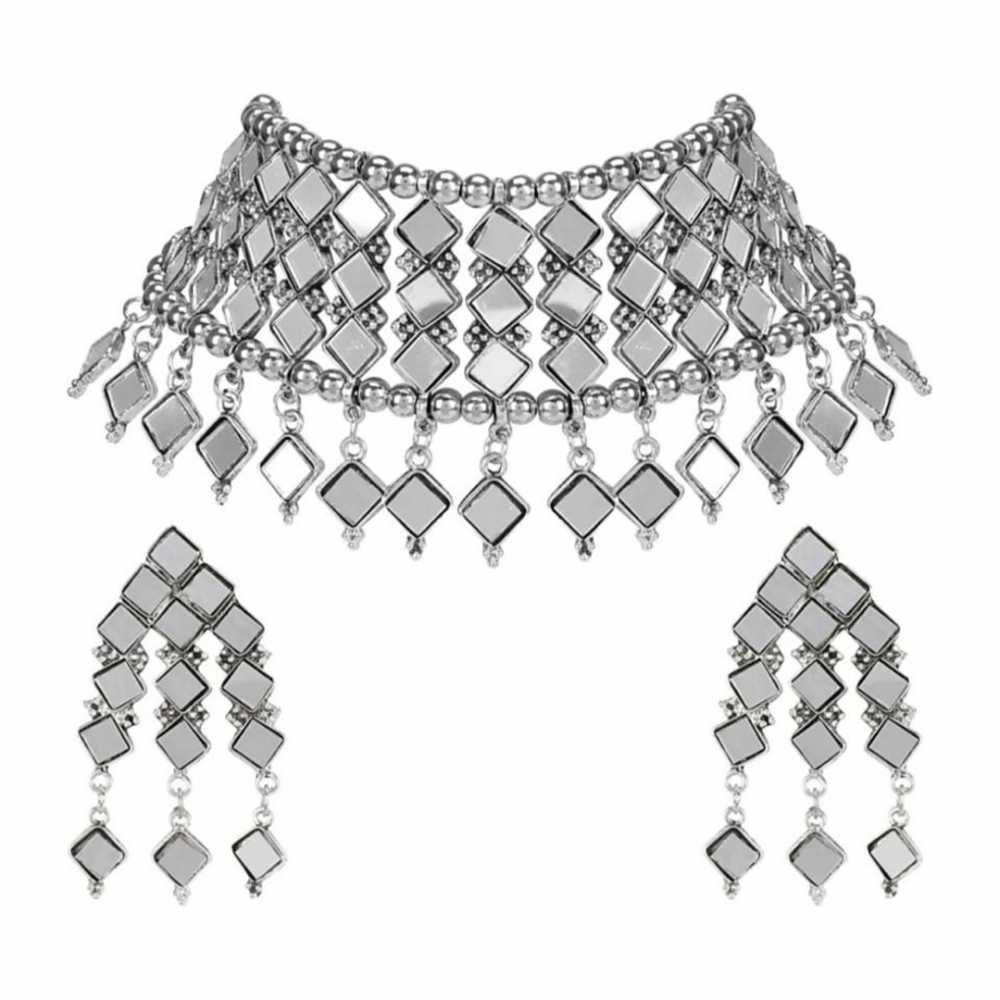 Women's Silver Plated Oxidised Mirror Embossed Choker Jewellery Set