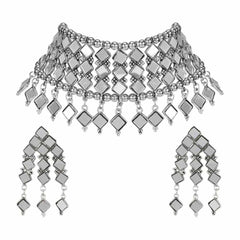 Women's Silver Plated Oxidised Mirror Embossed Choker Jewellery Set