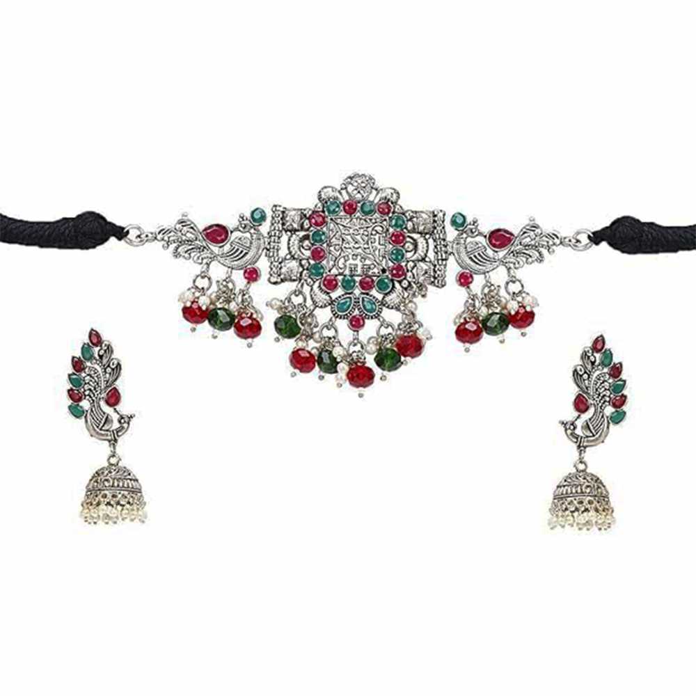 Women's Silver Oxidized Multicolor Choker Necklace With Earrings