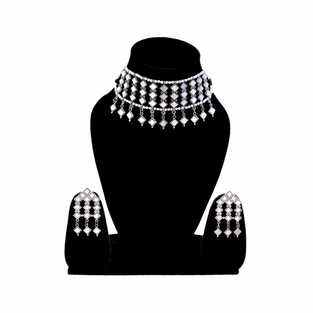 Women's Silver Plated Oxidised Mirror Embossed Choker Jewellery Set
