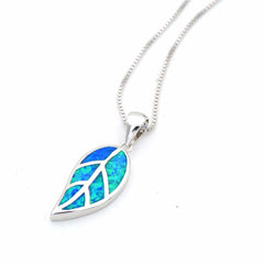 Women's Silver Plated Blue Opal Stone Studded Leaf Pendant Necklace