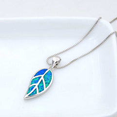 Women's Silver Plated Blue Opal Stone Studded Leaf Pendant Necklace