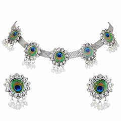 Women's Silver Plated Oxidised Peacock Feather Pearl Drop Choker Jewellery Set