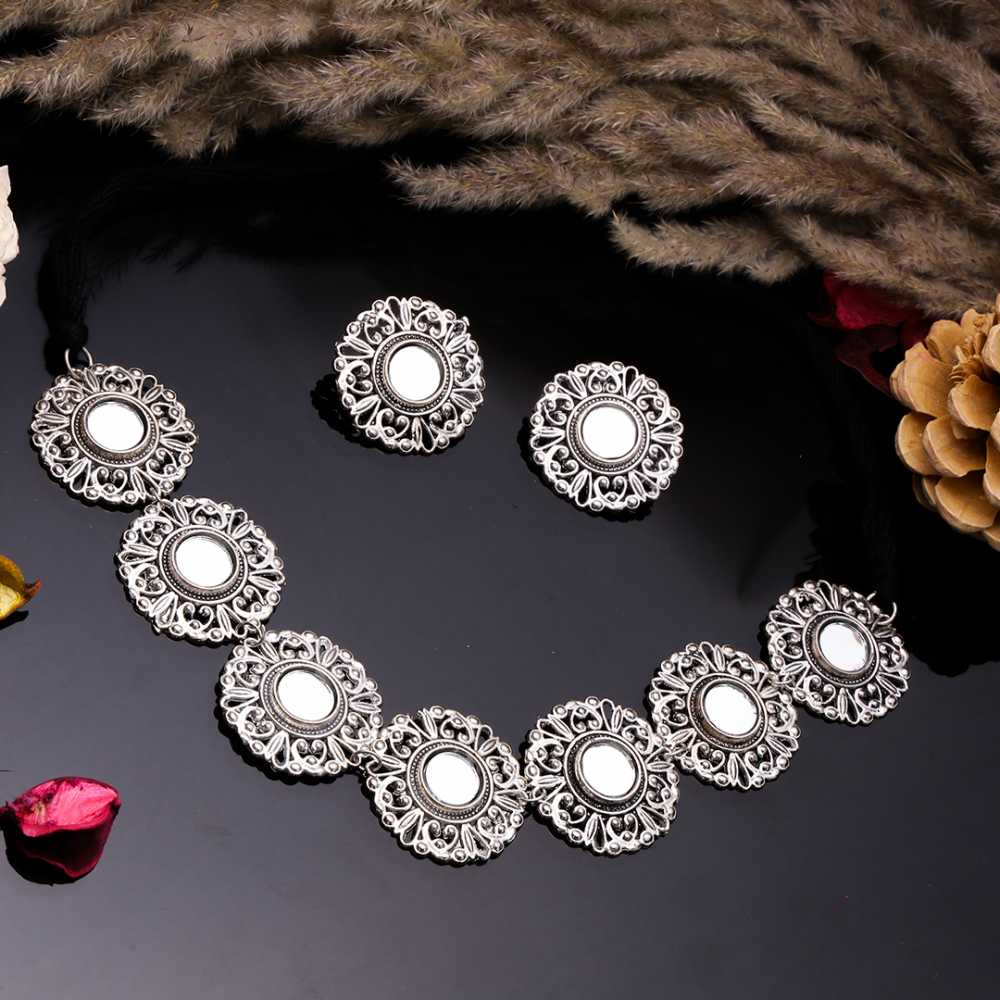Women's Silver Plated Oxidised Floral Motif Mirror Engraved Jewellery Set