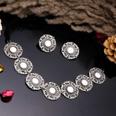 Women's Silver Plated Oxidised Floral Motif Mirror Engraved Jewellery Set
