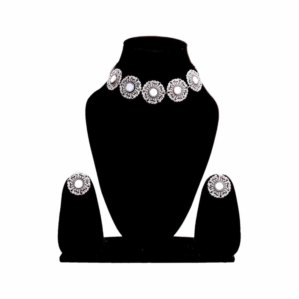 Women's Silver Plated Oxidised Floral Motif Mirror Engraved Jewellery Set
