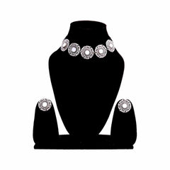 Women's Silver Plated Oxidised Floral Motif Mirror Engraved Jewellery Set