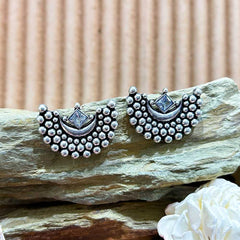 Women's Silver Plated Oxidised Semi Circle Zirconia Embossed Stud Earring