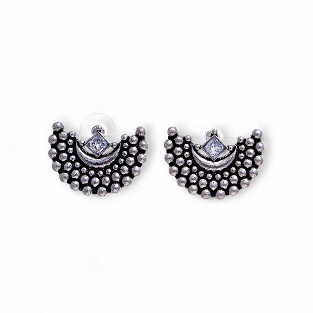 Women's Silver Plated Oxidised Semi Circle Zirconia Embossed Stud Earring