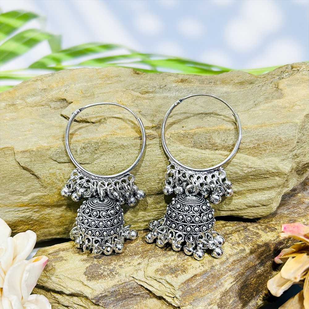 women's Silver Plated Oxidised Tassel Beaded Jhumka Earring