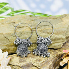 women's Silver Plated Oxidised Tassel Beaded Jhumka Earring