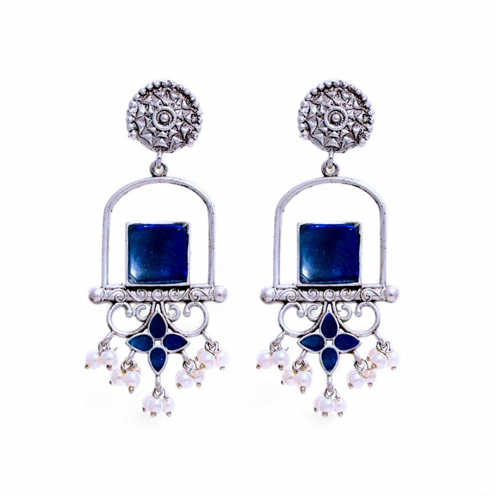 Women's Silver Plated Oxidised Monalisa Stone Pearl Tasseled Earring