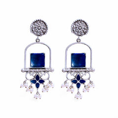 Women's Silver Plated Oxidised Monalisa Stone Pearl Tasseled Earring