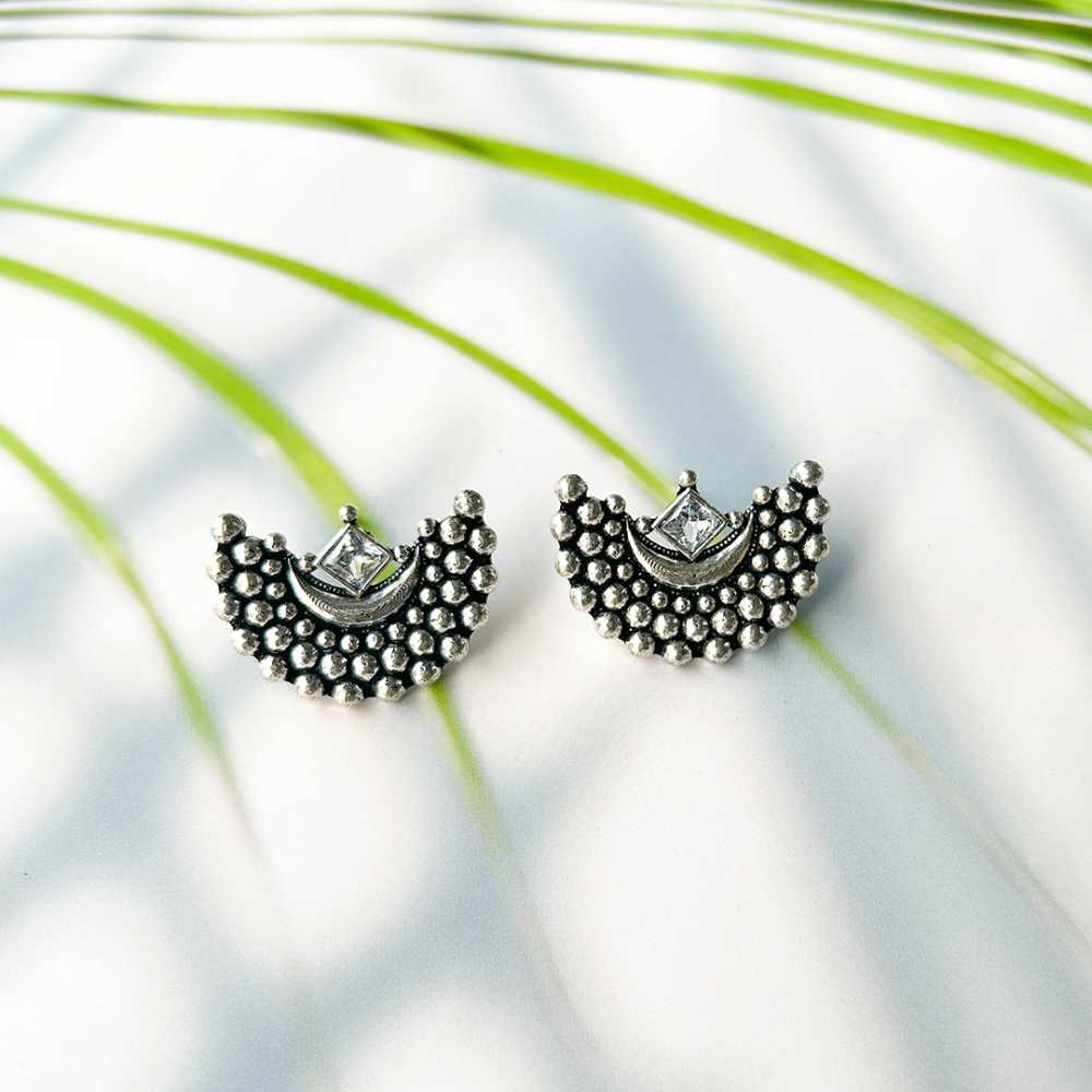 Women's Silver Plated Oxidised Semi Circle Zirconia Embossed Stud Earring