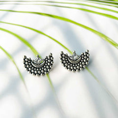 Women's Silver Plated Oxidised Semi Circle Zirconia Embossed Stud Earring