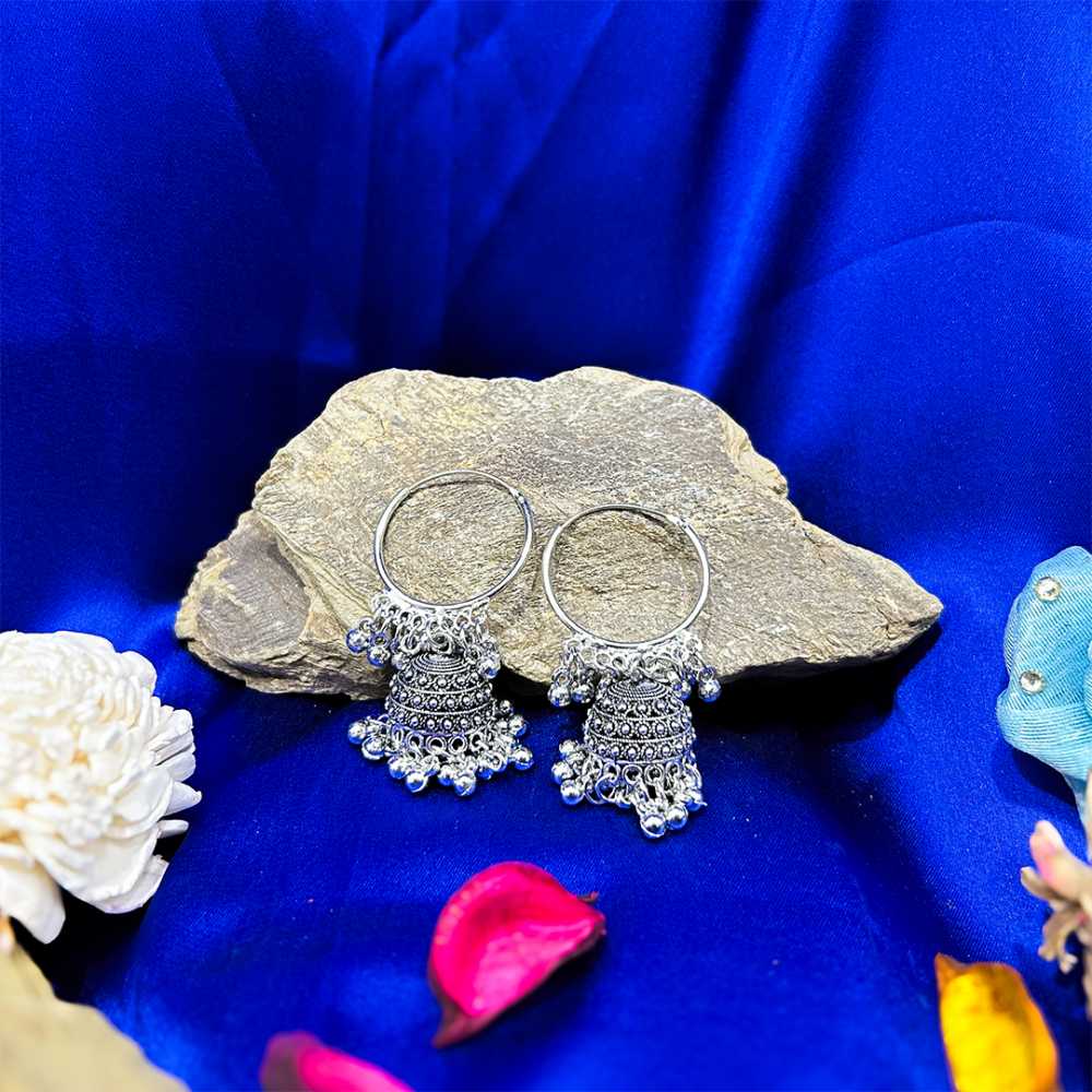 women's Silver Plated Oxidised Tassel Beaded Jhumka Earring
