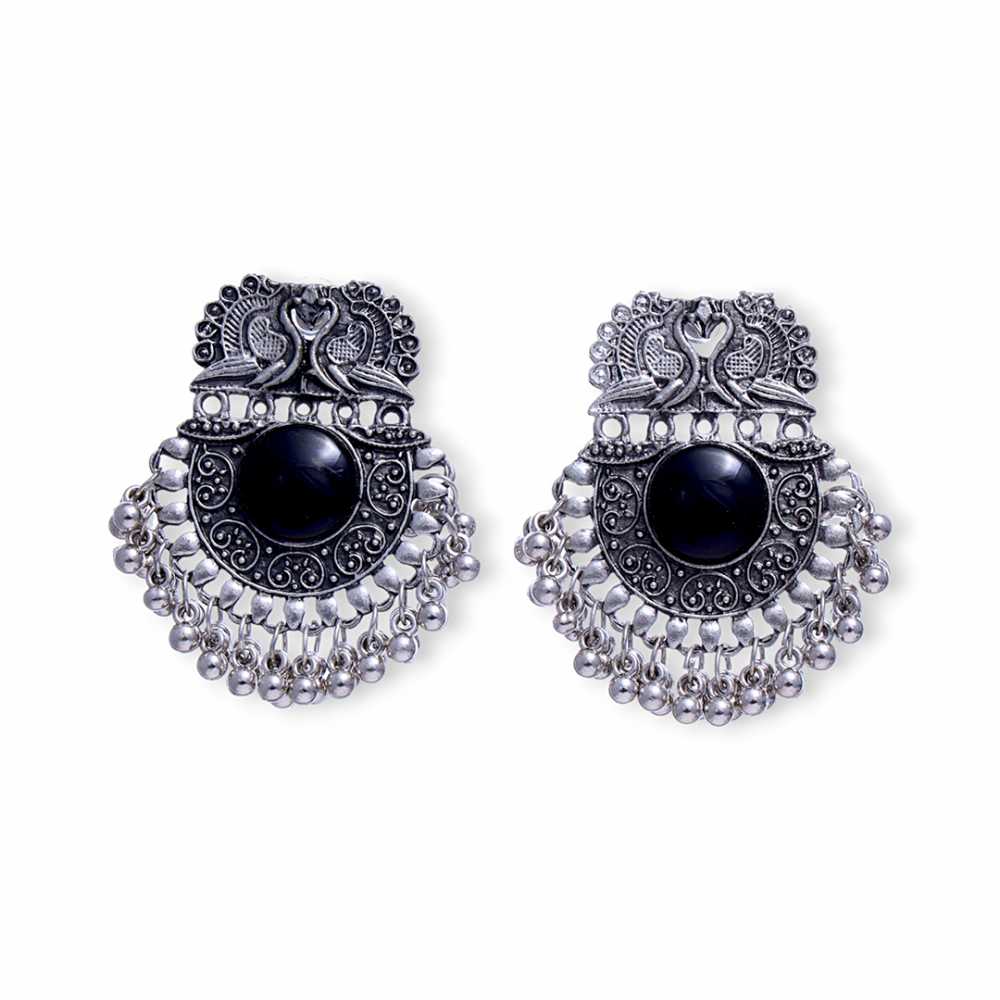 Women's Silver Plated Oxidised Obsidian Tassel Beads Earring