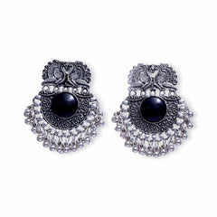 Women's Silver Plated Oxidised Obsidian Tassel Beads Earring
