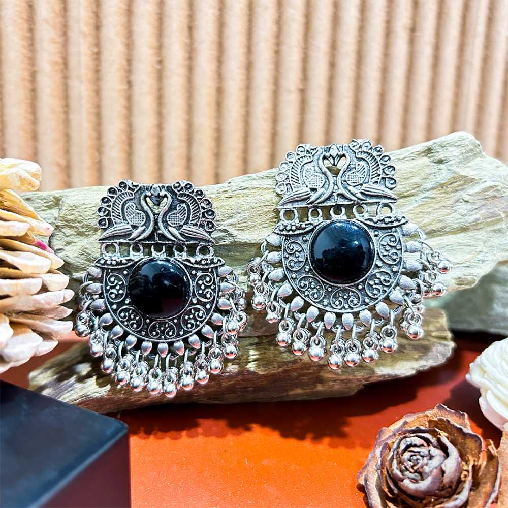 Women's Silver Plated Oxidised Obsidian Tassel Beads Earring