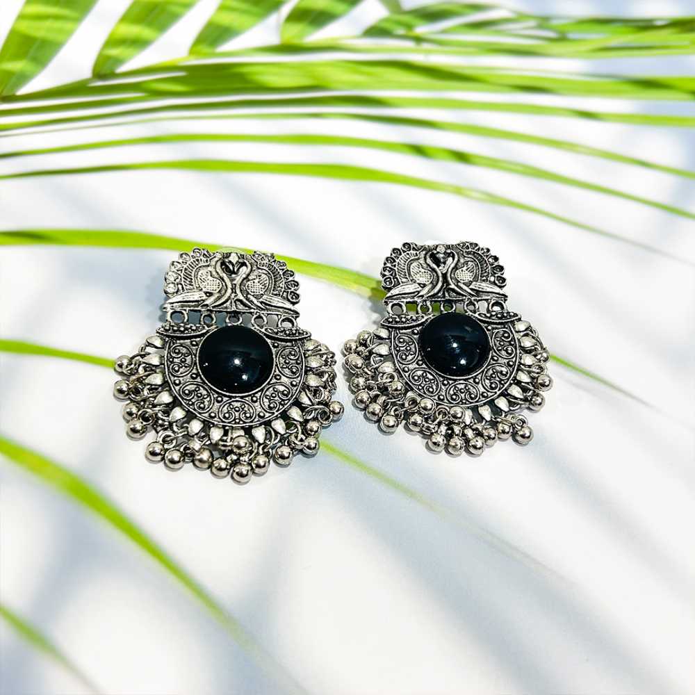 Women's Silver Plated Oxidised Obsidian Tassel Beads Earring
