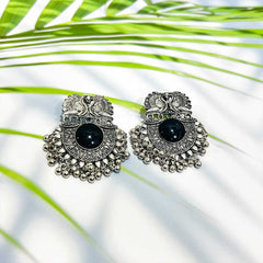 Women's Silver Plated Oxidised Obsidian Tassel Beads Earring