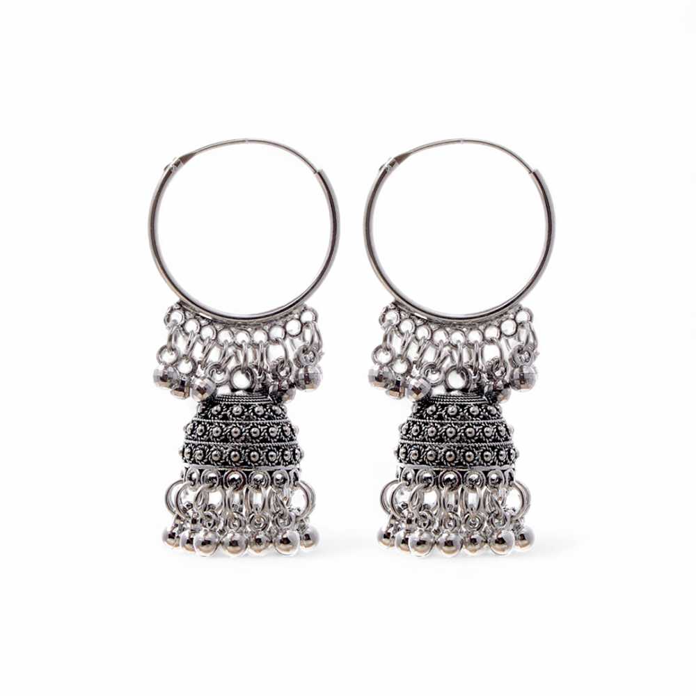 women's Silver Plated Oxidised Tassel Beaded Jhumka Earring