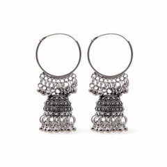 women's Silver Plated Oxidised Tassel Beaded Jhumka Earring