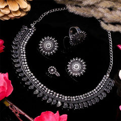 Women's silver Plated Oxidised Beaded Jewellery Set With Heart Motif