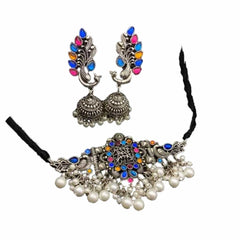 Women's Oxidized Peacock Design Jewelry Set With Pearls