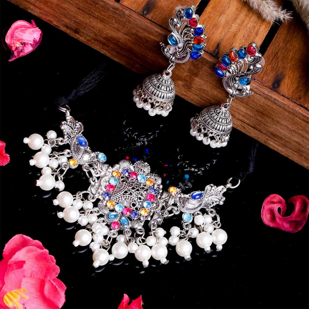 Women's Oxidized Peacock Design Jewelry Set With Pearls