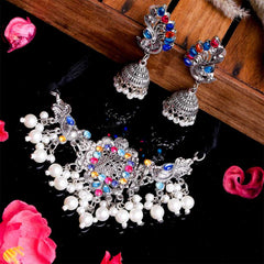 Women's Oxidized Peacock Design Jewelry Set With Pearls
