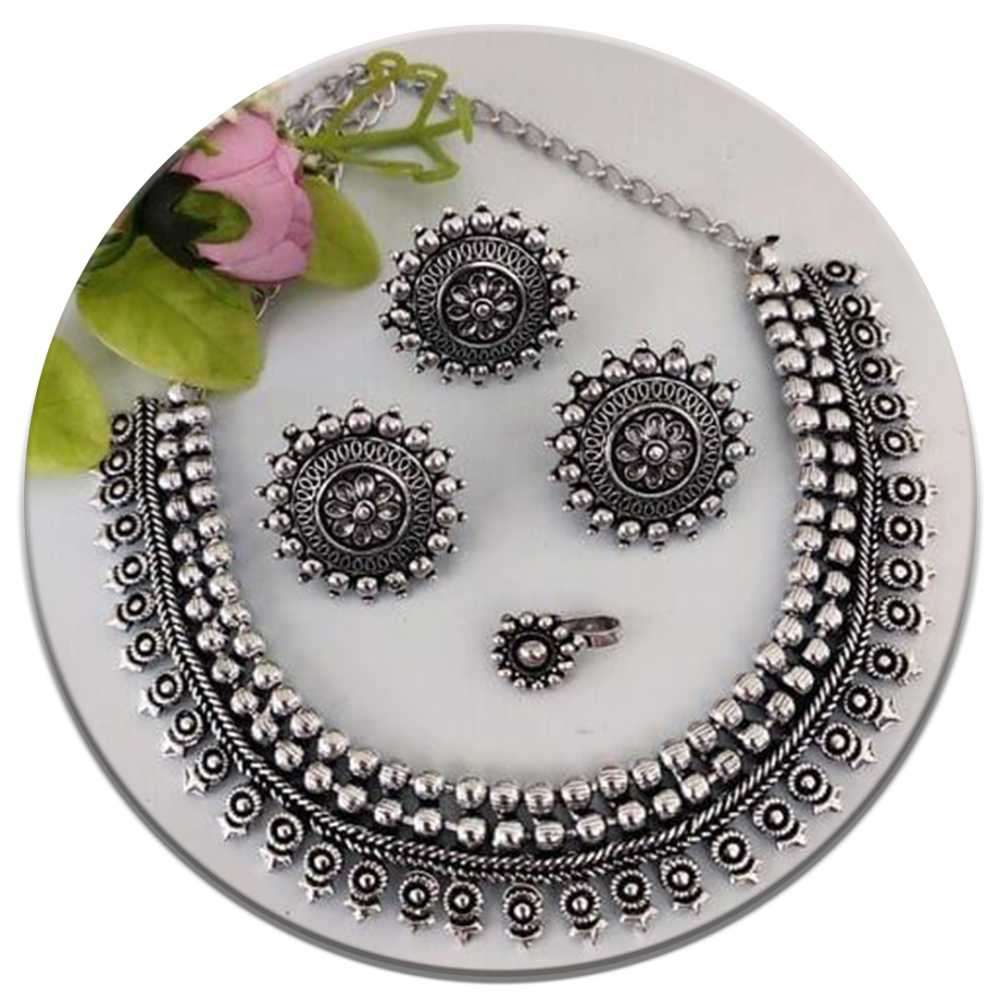 Women's silver Plated Oxidised Beaded Jewellery Set With Heart Motif