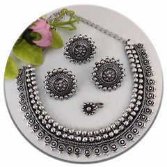 Women's silver Plated Oxidised Beaded Jewellery Set With Heart Motif
