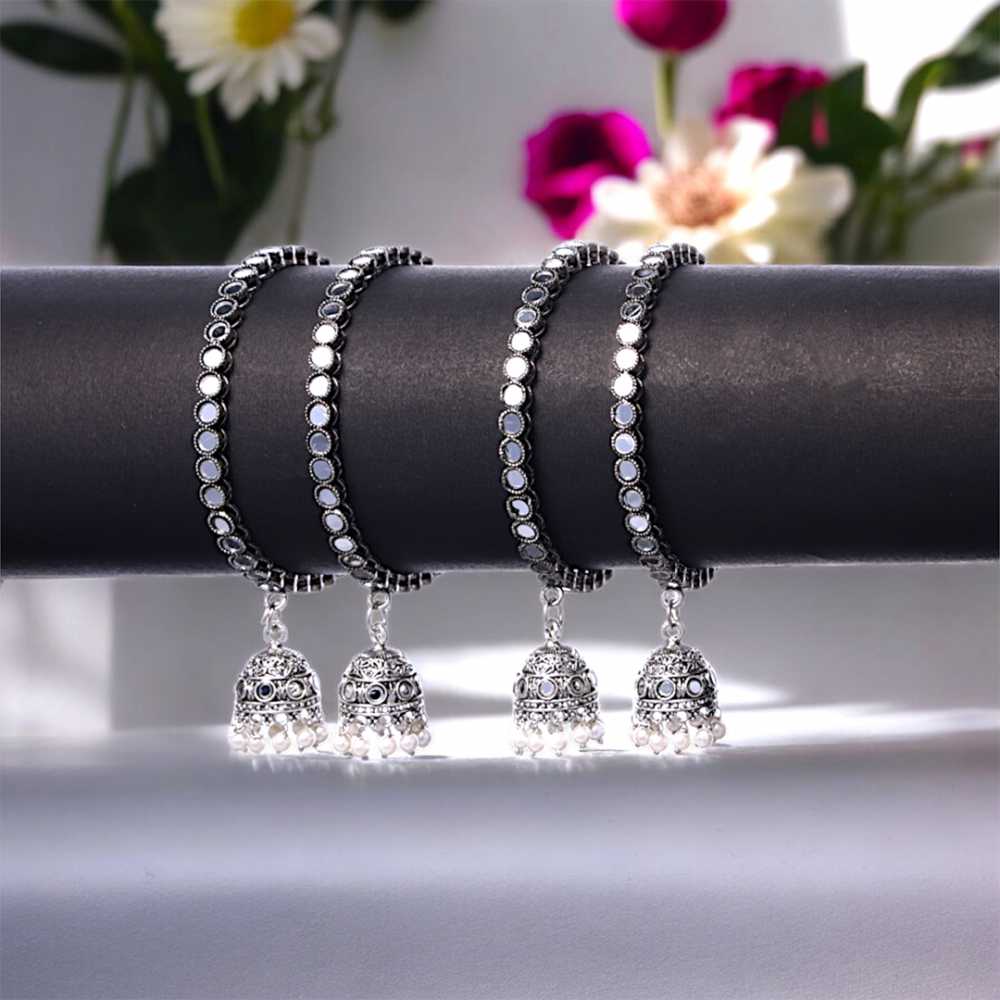 Women's Oxidized Silver Mirror Work Bangle Set With Jhumka Dangles