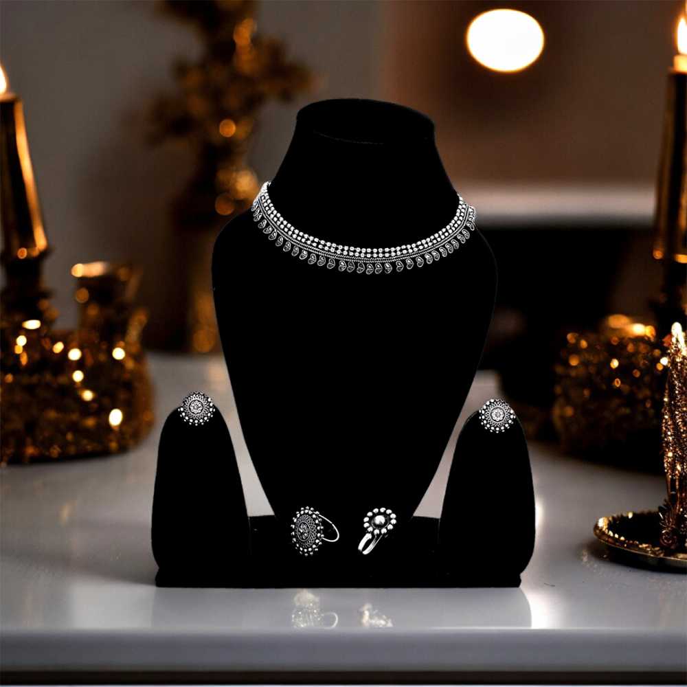 Women's silver Plated Oxidised Beaded Jewellery Set With Heart Motif