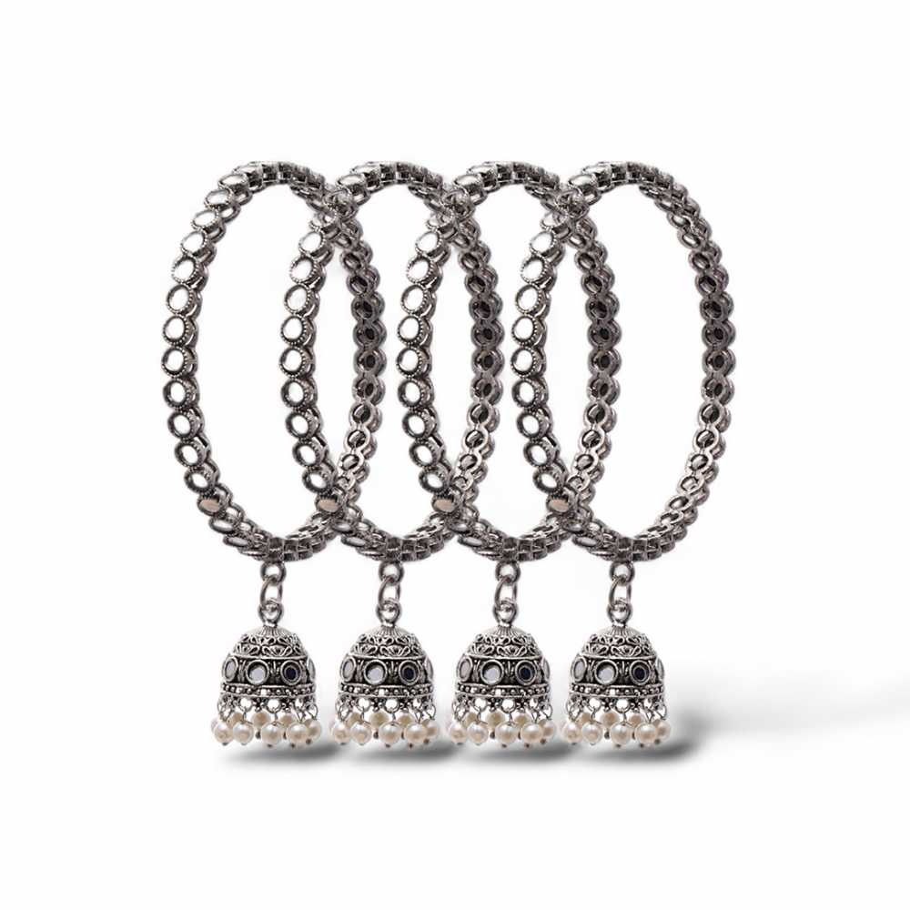 Women's Oxidized Silver Mirror Work Bangle Set With Jhumka Dangles
