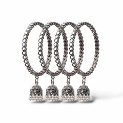 Women's Oxidized Silver Mirror Work Bangle Set With Jhumka Dangles