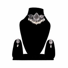 Women's Silver Plated Oxidised Tassel Pearls Choker Jewellery Set